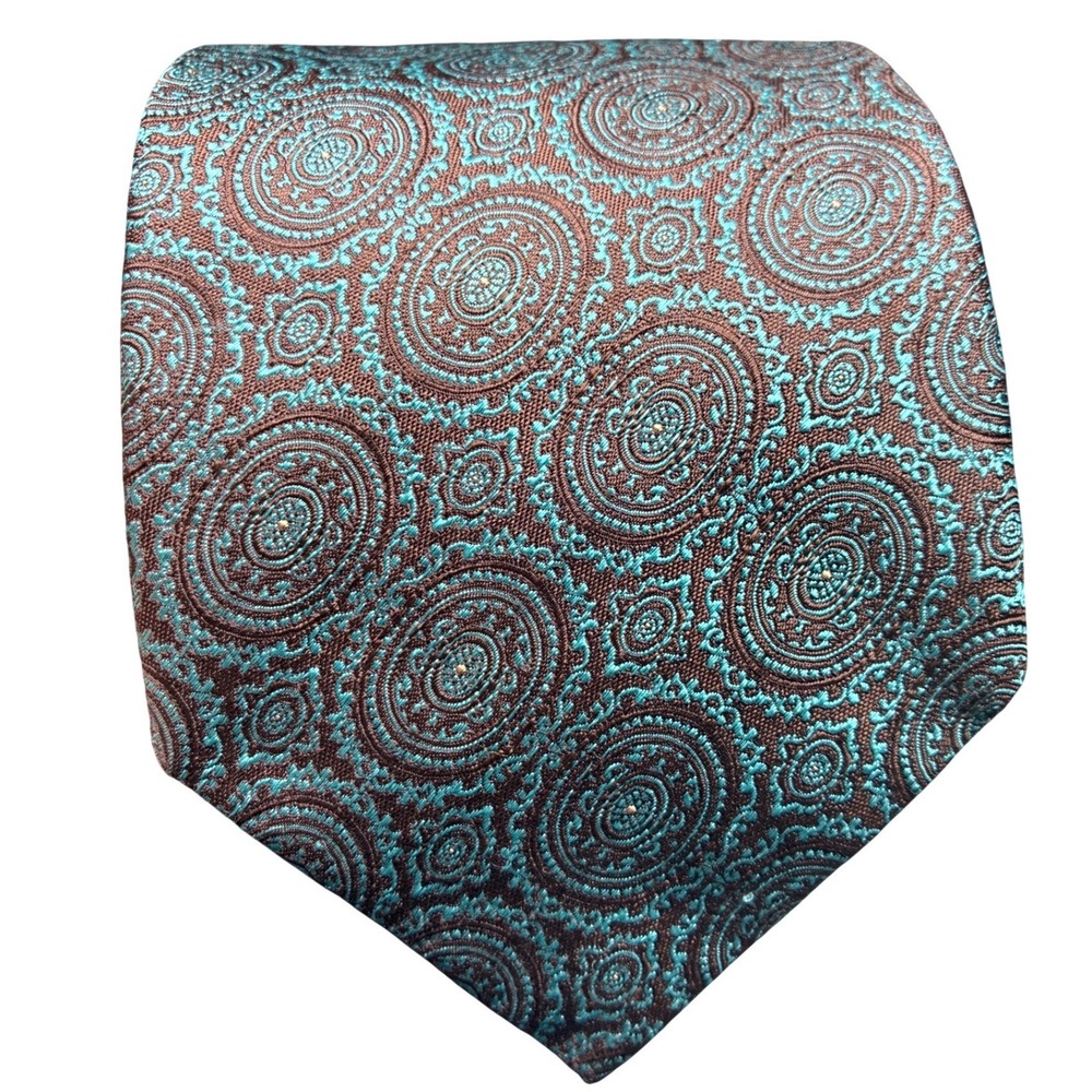 Dolce Gabbana Silk Tie Brown Teal Medallion Paisley Made Italy Mens Necktie